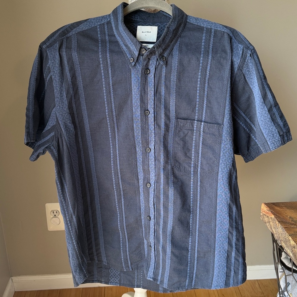 Billy Reid Blue Vertical Striped Textured Short-Sleeve Button-Down Shirt